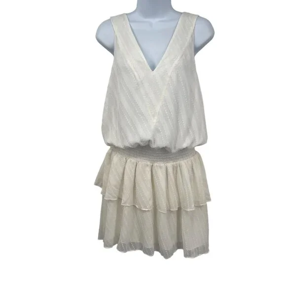 Ramy Brook Carl Deep V-Neck Smocked Tiered Textured Ruffle Mini Dress Ivory - Picture 4 of 11